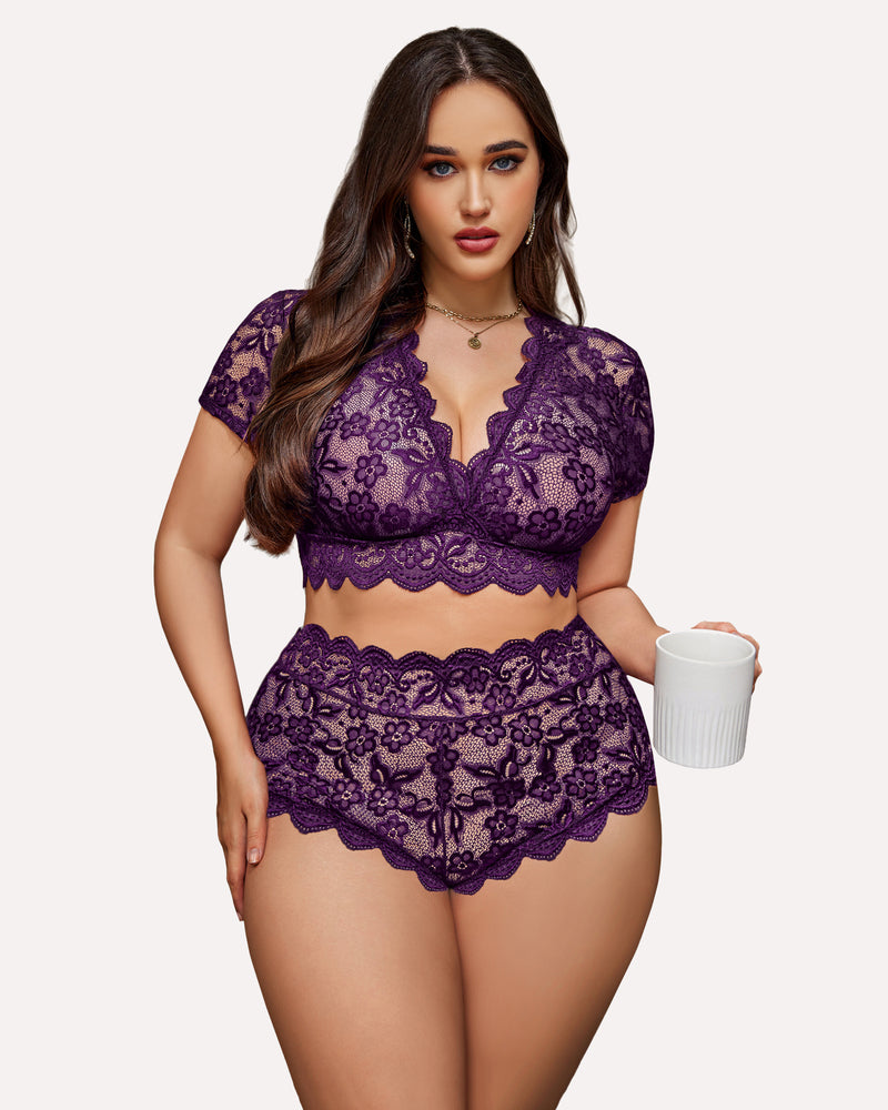 Plus Size Floral Lace Trim Set-lovelira