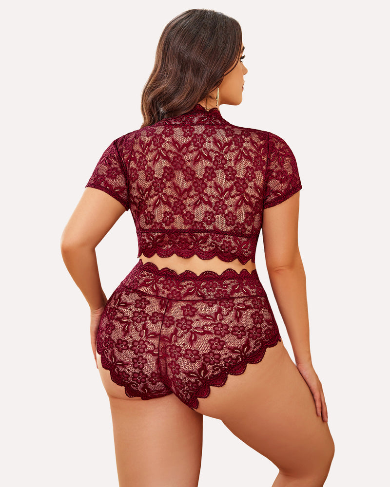 Plus Size Floral Lace Trim Set-lovelira