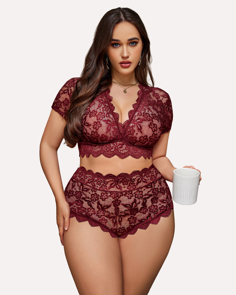 Plus Size Floral Lace Trim Set-lovelira