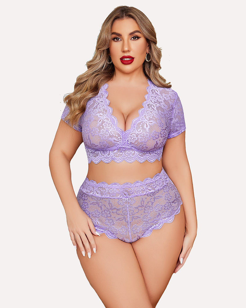 Plus Size Floral Lace Trim Set-lovelira