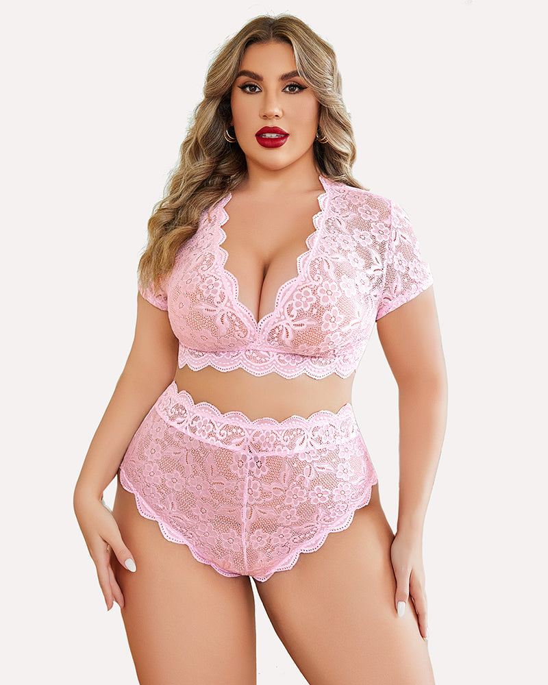 Plus Size Floral Lace Trim Set-lovelira