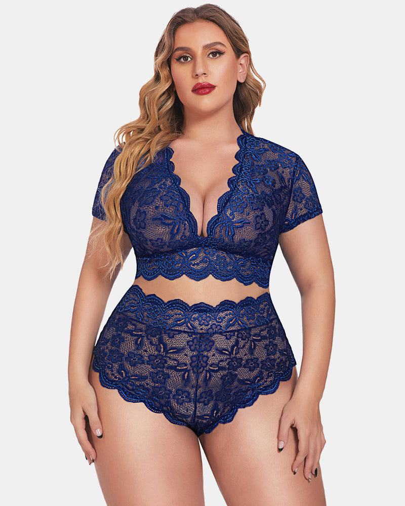 Plus Size Floral Lace Trim Set-lovelira