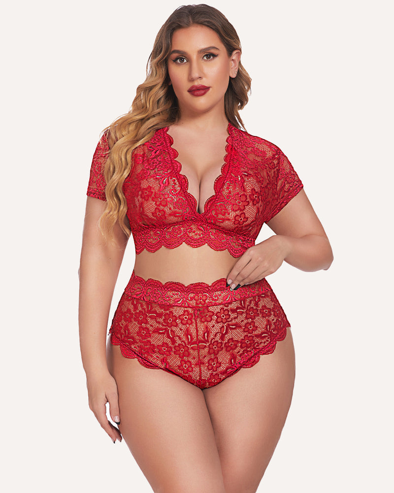 Plus Size Floral Lace Trim Set-lovelira