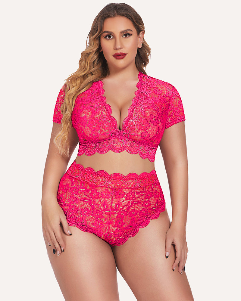 Plus Size Floral Lace Trim Set-lovelira