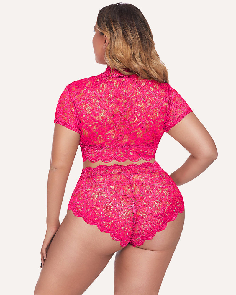 Plus Size Floral Lace Trim Set-lovelira