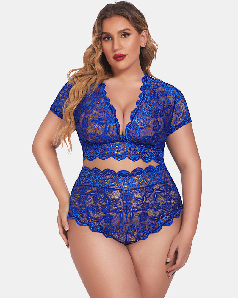 Plus Size Floral Lace Trim Set-lovelira
