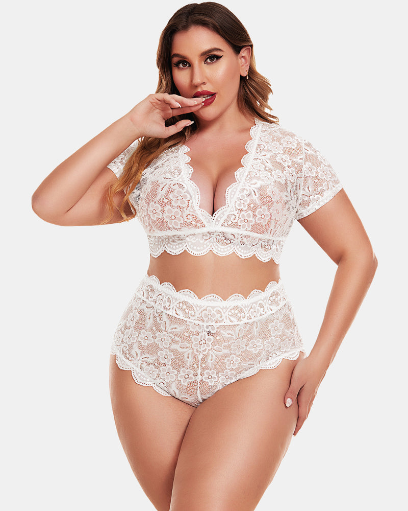 Plus Size Floral Lace Trim Set-lovelira