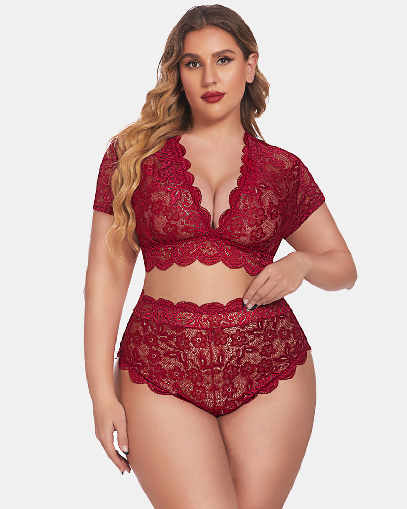 Plus Size Floral Lace Trim Set-lovelira