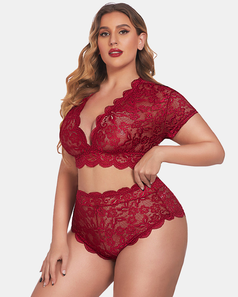 Plus Size Floral Lace Trim Set-lovelira