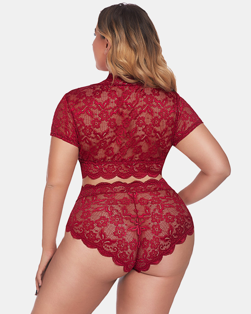Plus Size Floral Lace Trim Set-lovelira