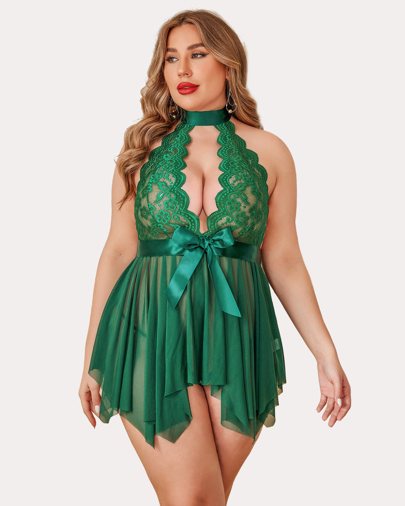 Plus Size Floral Lace High Waist Teddy Babydoll-lovelira