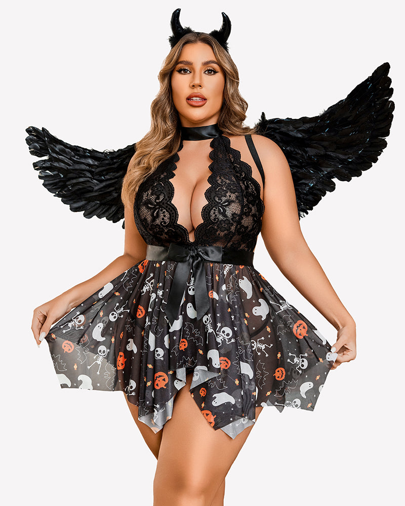 Plus Size Floral Lace High Waist Teddy Babydoll-lovelira