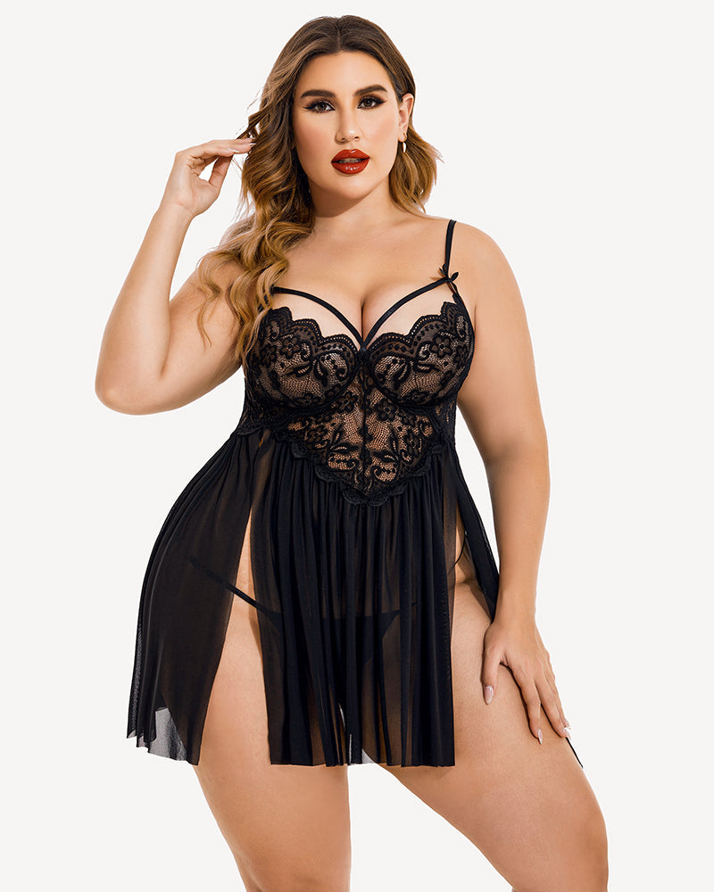 Plus Size V Neck Mesh Side Slit Babydolls-lovelira
