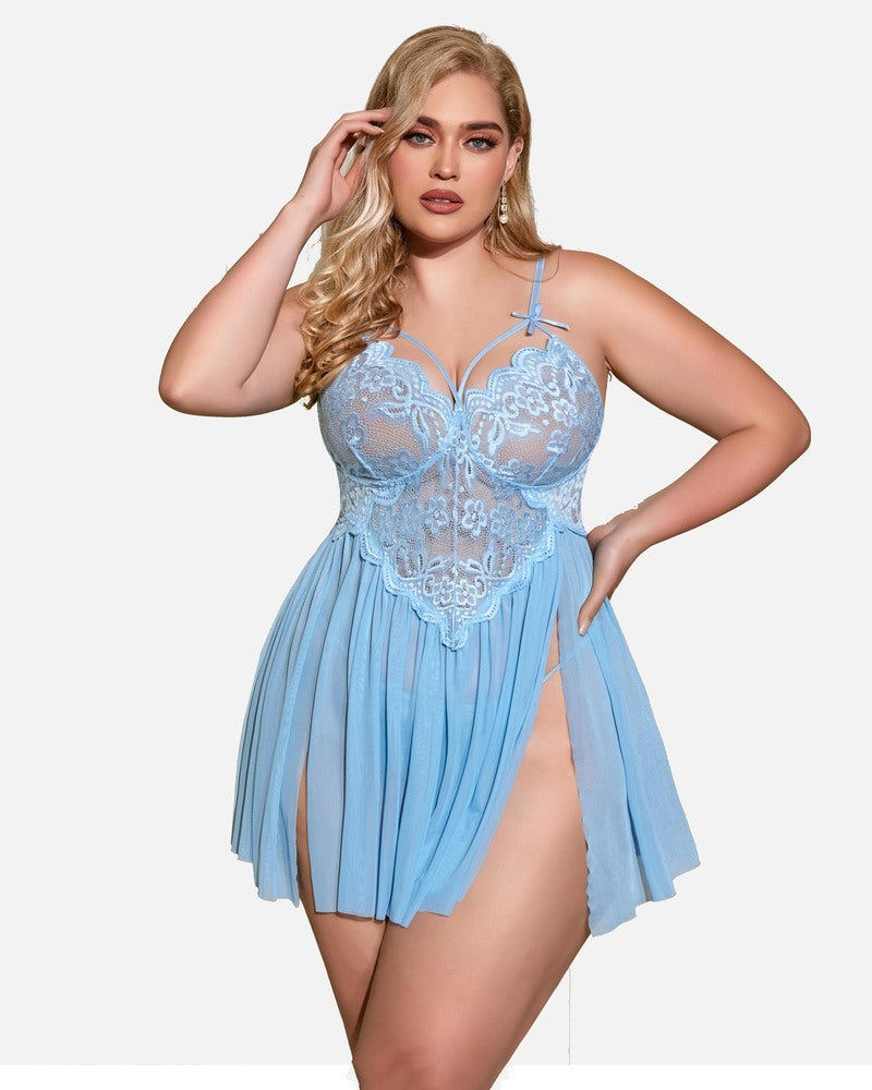 Plus Size V Neck Mesh Side Slit Babydolls-lovelira