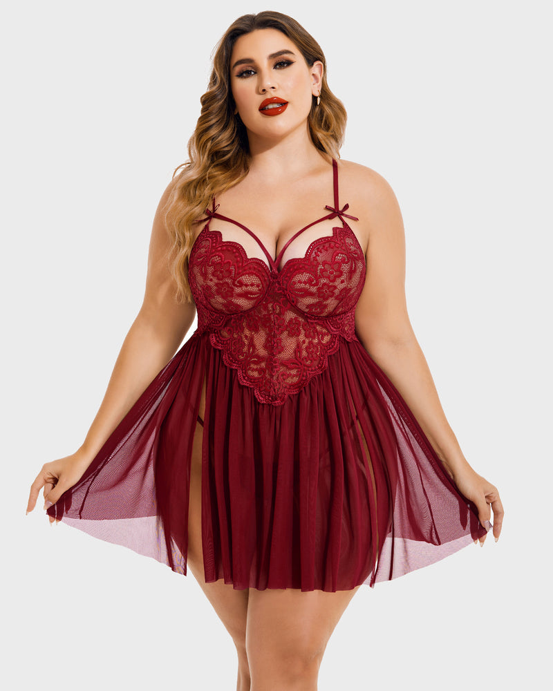 Plus Size Heart Lace Side Slit Nightdress-lovelira