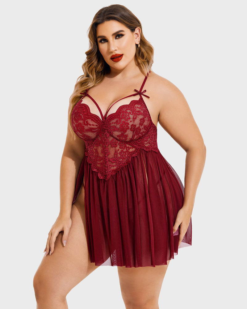 Plus Size V Neck Mesh Side Slit Babydolls-lovelira
