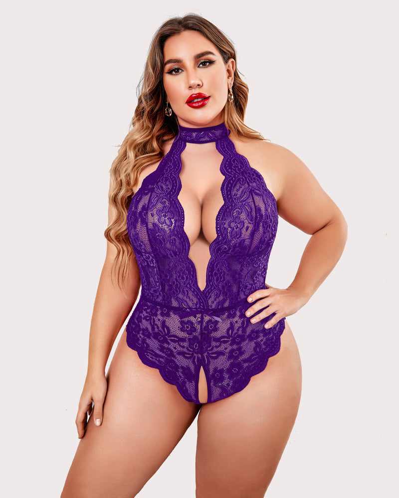 Plus Size Lace Halter Teddy-lovelira