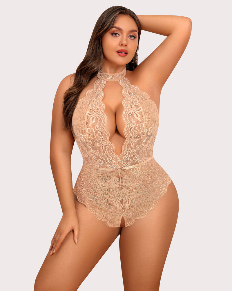 Gorgeous Plus Size Lace Print Bodysuit-lovelira