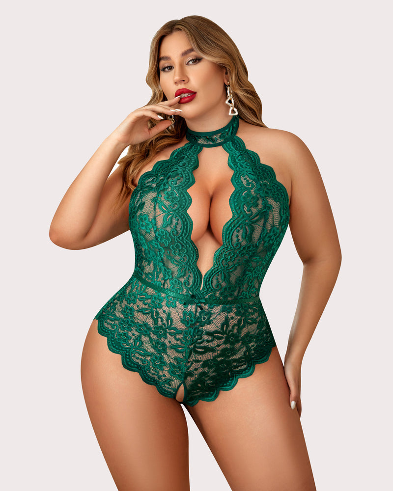 Gorgeous Plus Size Lace Print Bodysuit-lovelira