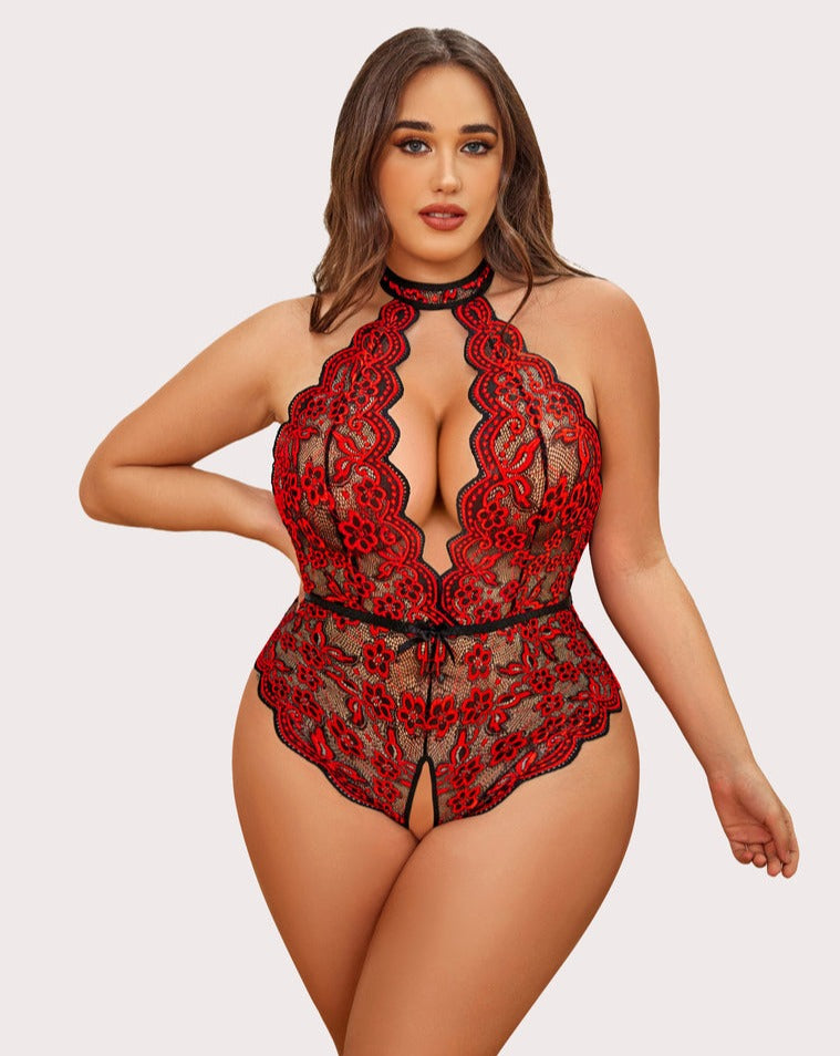 Gorgeous Plus Size Lace Print Bodysuit-lovelira