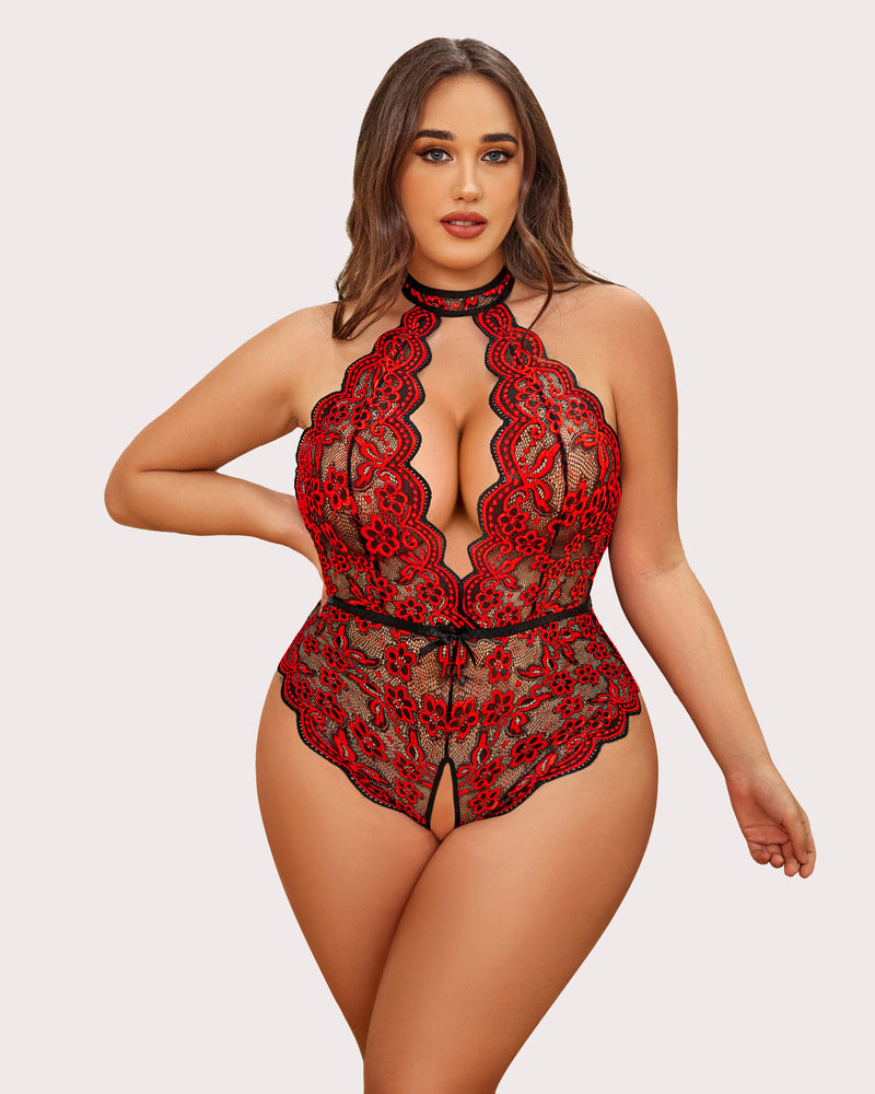 Gorgeous Plus Size Lace Print Bodysuit-lovelira