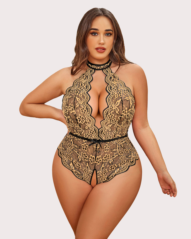 Gorgeous Plus Size Lace Print Bodysuit-lovelira