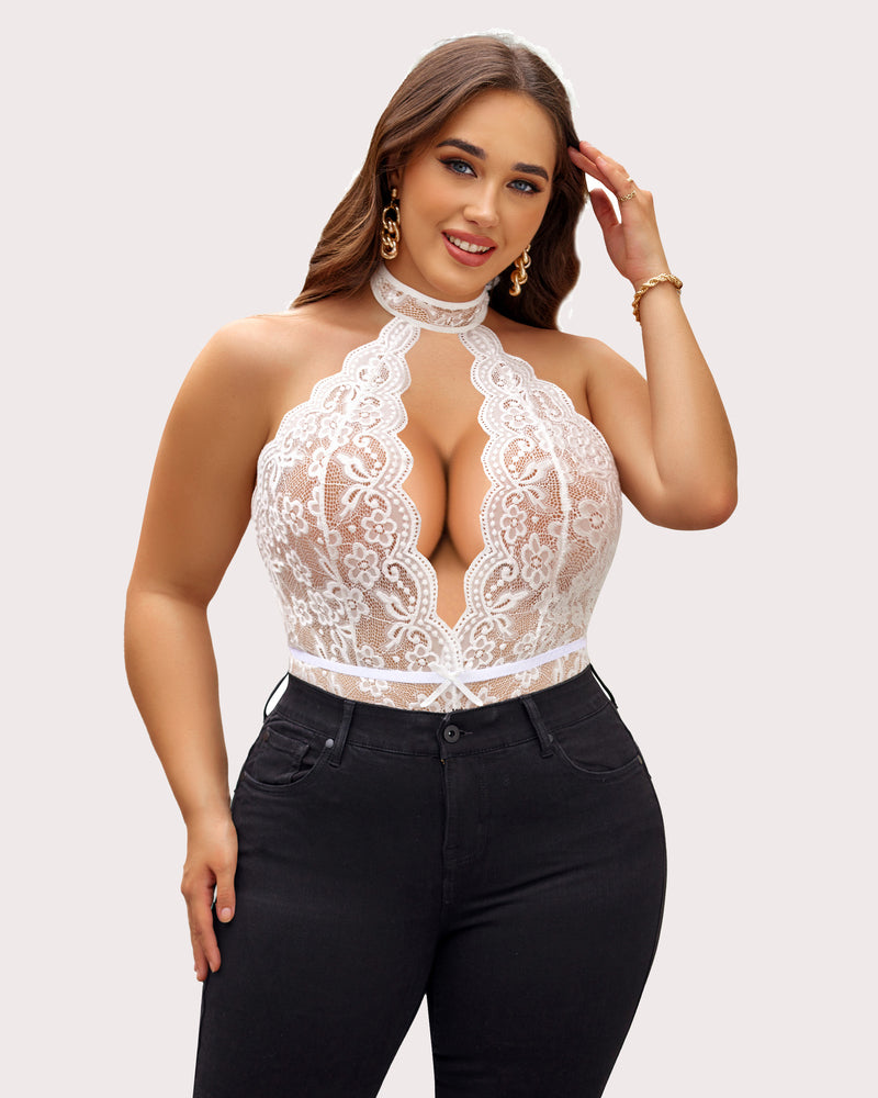 Gorgeous Plus Size Lace Print Bodysuit-lovelira
