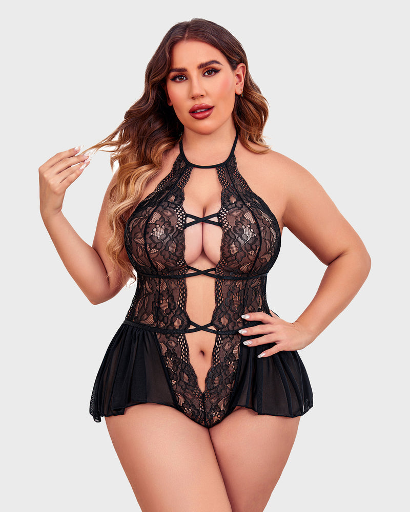 Plus Size Deep V Lace Bodysuit Teddy-lovelira