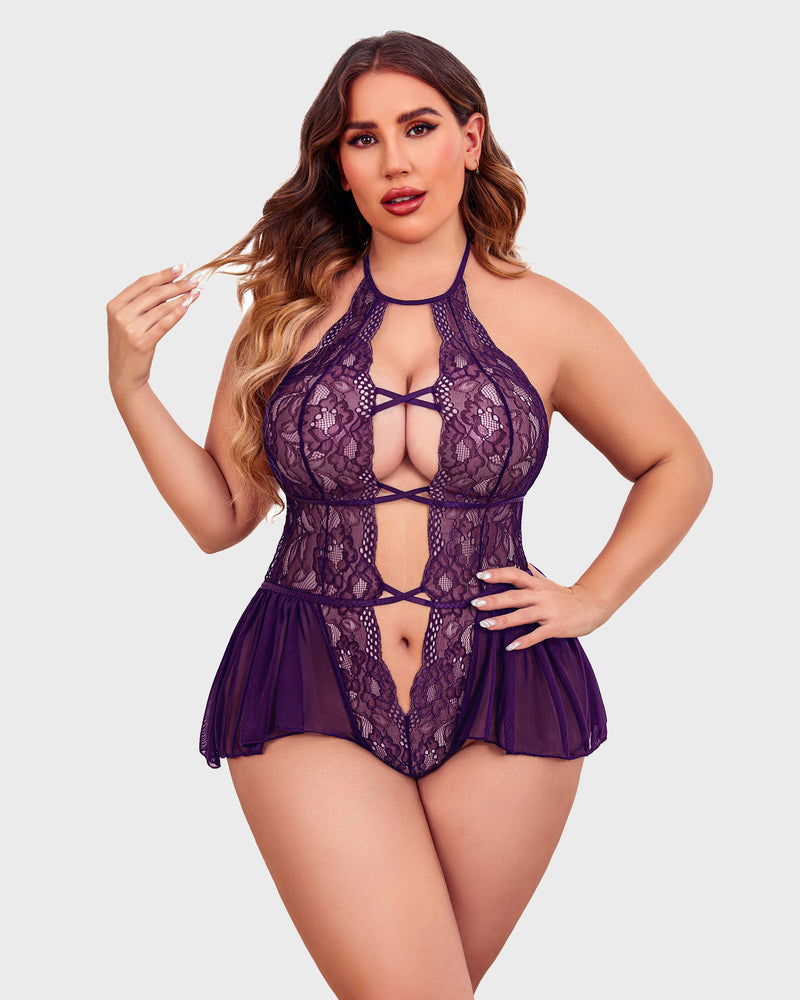 Plus Size Deep V Lace Bodysuit Teddy-lovelira