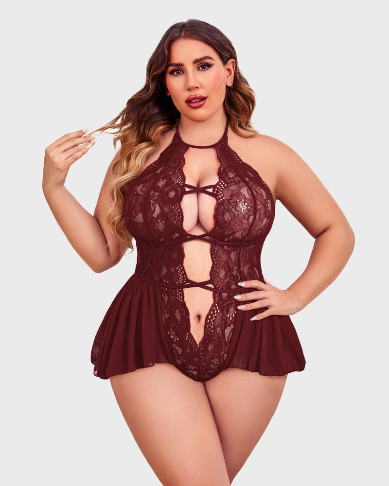 Plus Size Deep V Lace Bodysuit Teddy-lovelira