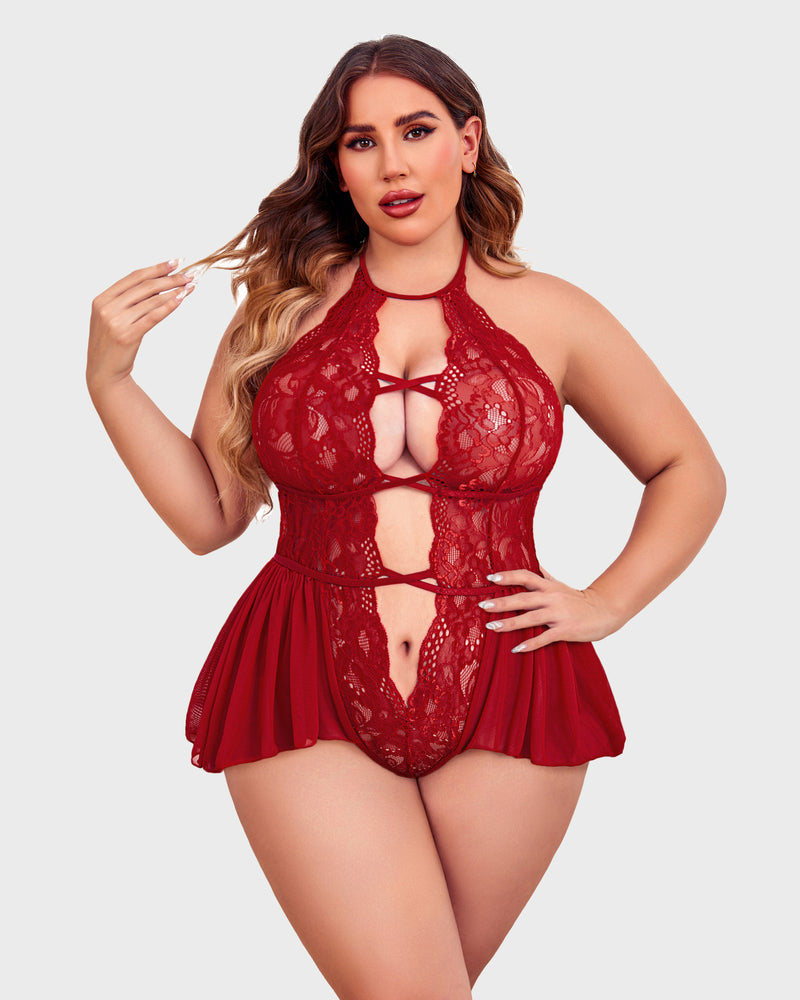 Plus Size Deep V Lace Bodysuit Teddy-lovelira