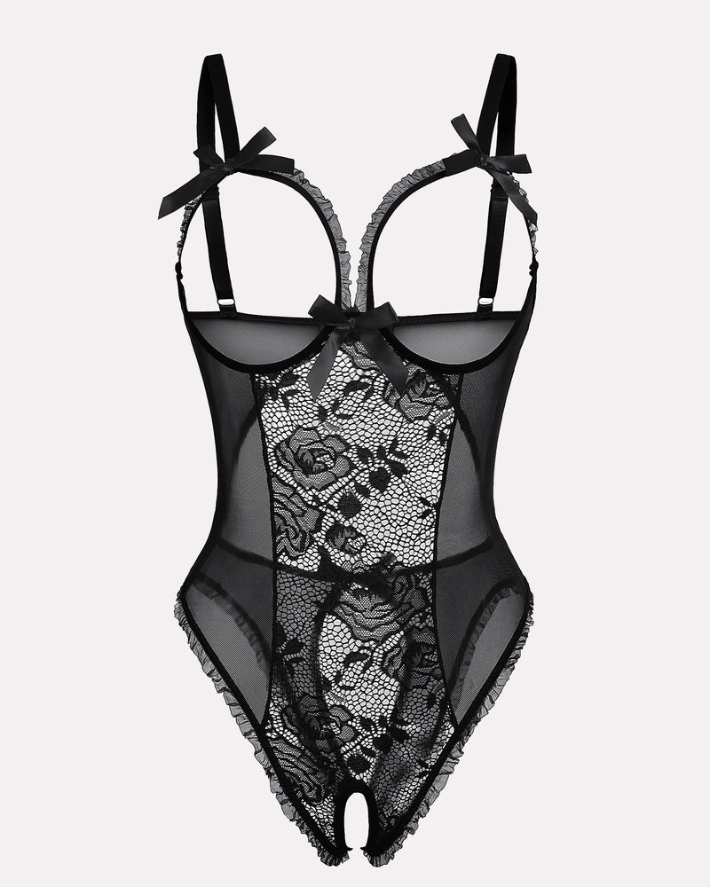 Black crotchless lace mini bodysuit with floral lace, cutout bra and ruffle trim. Sexy lingerie.