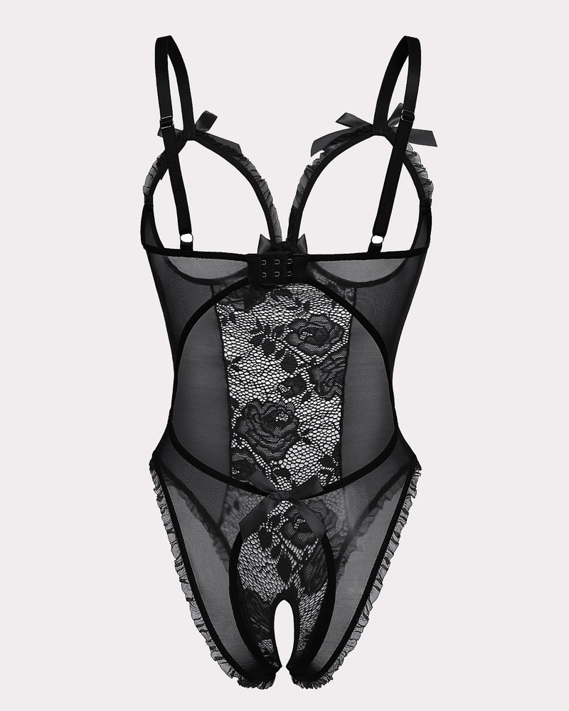 Black floral lace crotchless mini bodysuit with ruffle trim and adjustable straps. Sexy lingerie