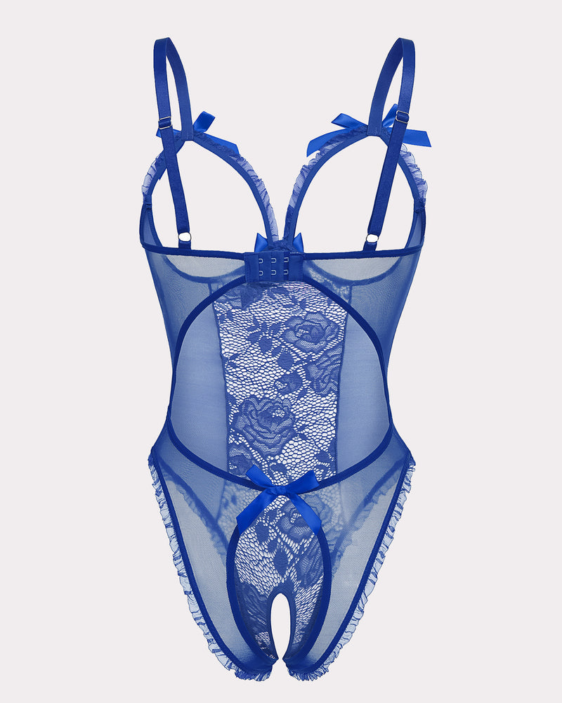 Crotchless blue floral lace bodysuit with cutout bra, ruffle trim, and adjustable straps