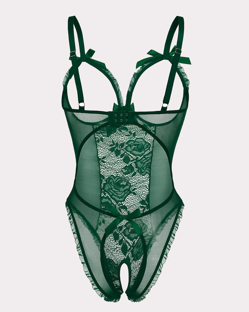 Green lace crotchless mini bodysuit with cutout bra, ruffle trim, and bow details. Sexy lingerie