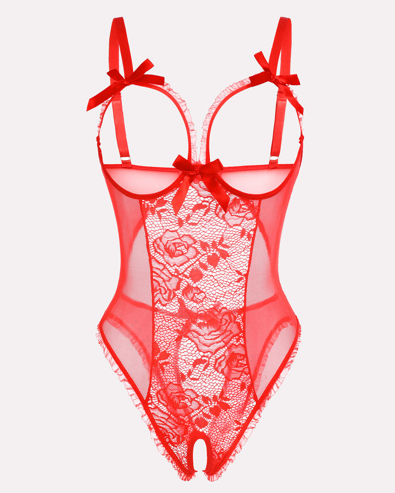 Red crotchless lace mini bodysuit with floral lace, cutout bra, ruffle trim. Sexy lingerie.