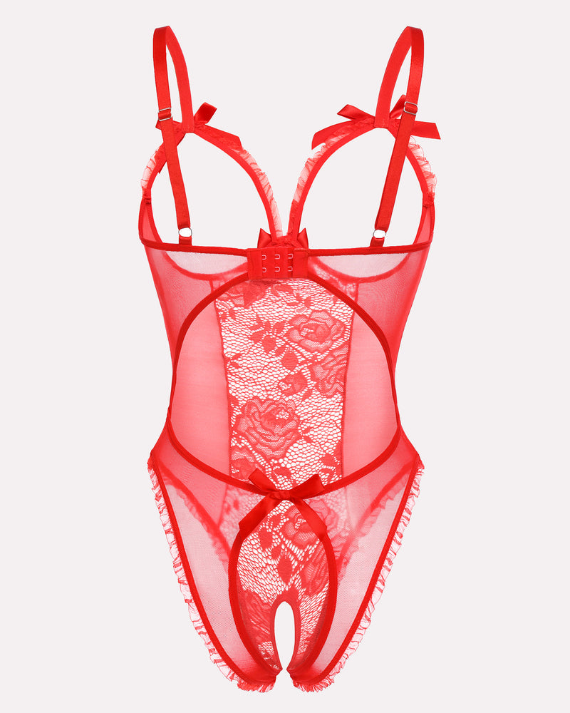 Red crotchless lace bodysuit with floral lace, cutout bra, and ruffle trim. Sexy lingerie.