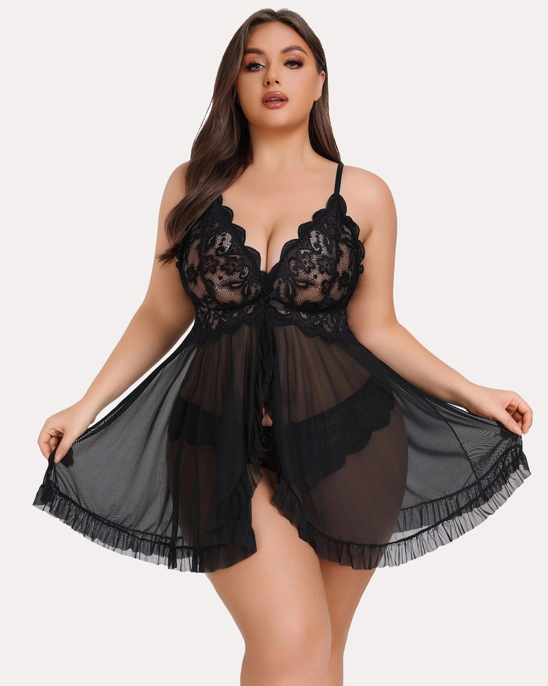 Plus Size Lace Open Front Babydoll-lovelira