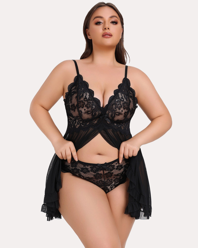 Plus Size Lace Open Front Babydoll-lovelira