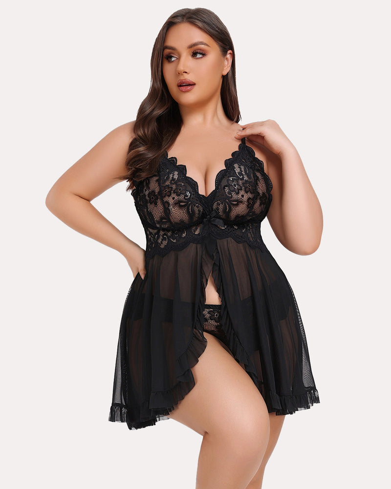 Plus Size Lace Open Front Babydoll-lovelira