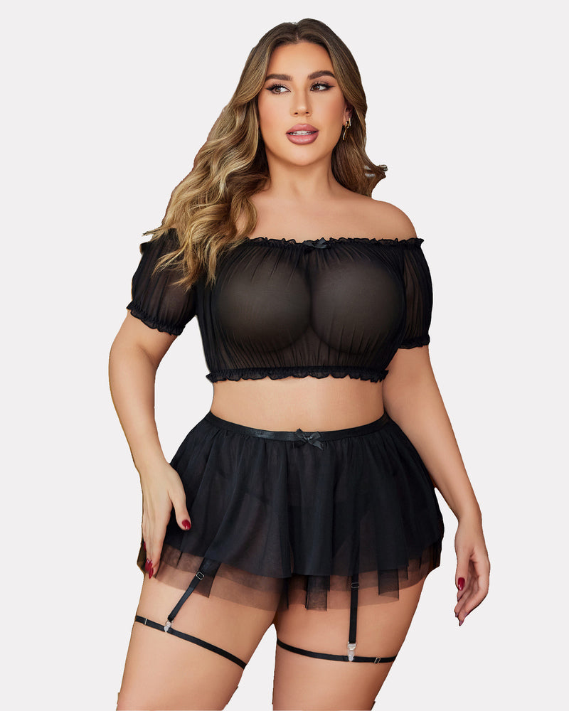 Plus Size Garter Mesh Lingerie Set-lovelira