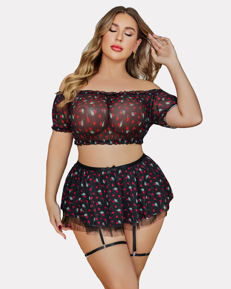 Plus Size Garter Mesh Lingerie Set-lovelira
