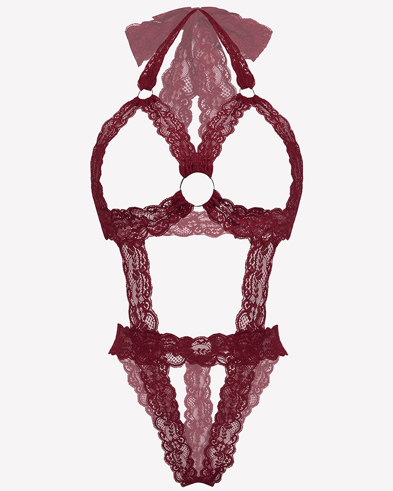 Lace Cupless Bodysuit Deep V Neck Teddy