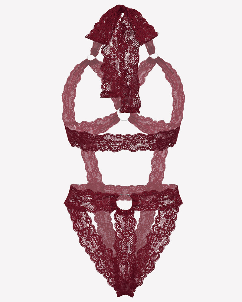 Lace Cupless Bodysuit Deep V Neck Teddy