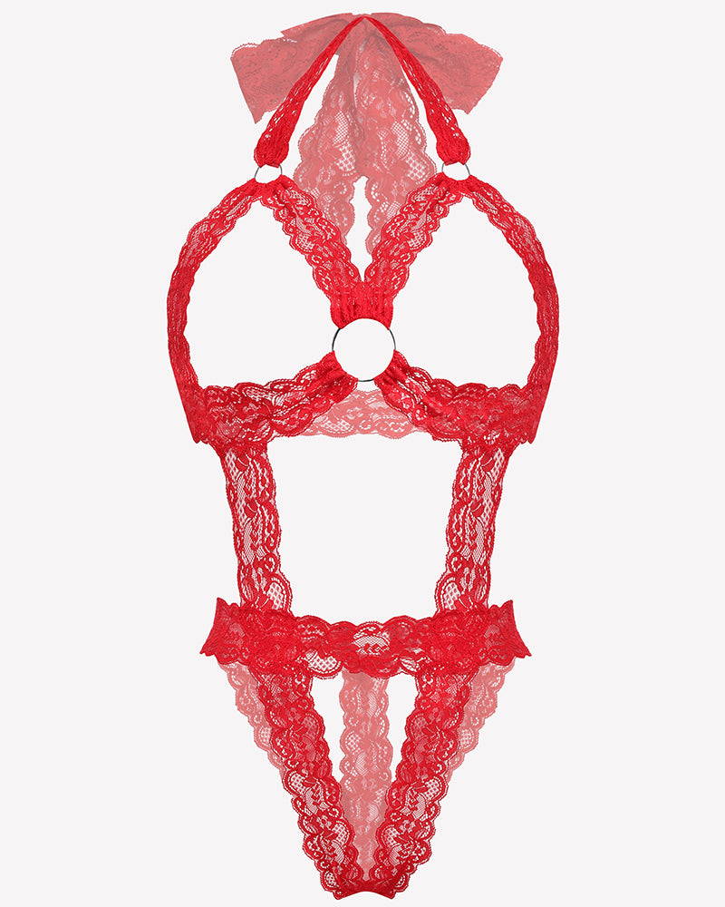 Lace Cupless Bodysuit Deep V Neck Teddy