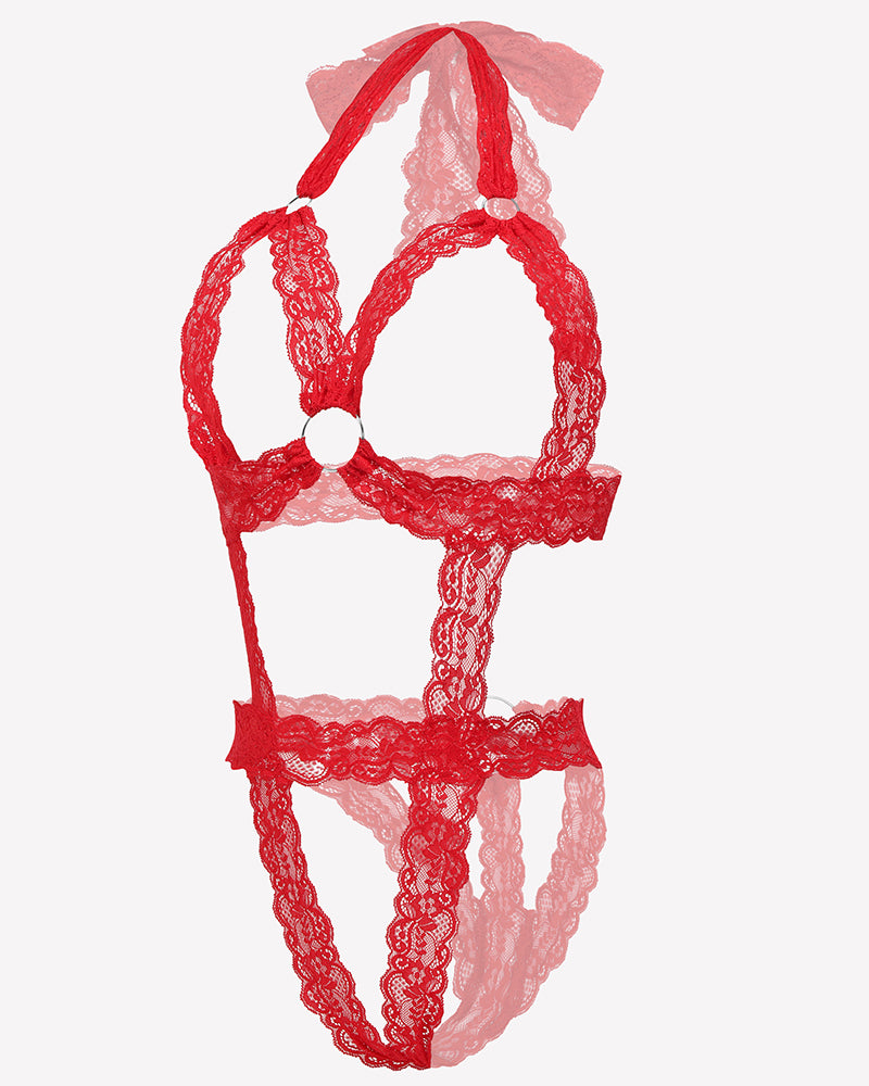 Lace Cupless Bodysuit Deep V Neck Teddy