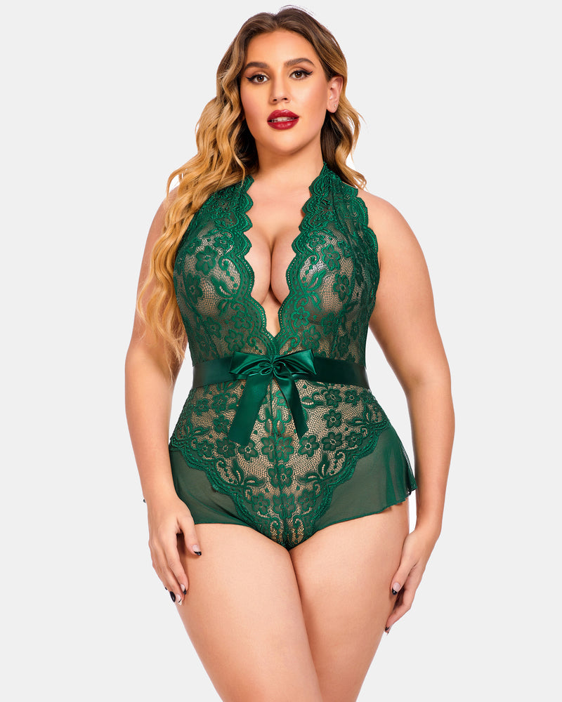 Plus Size Halter Lace Bodysuit-lovelira