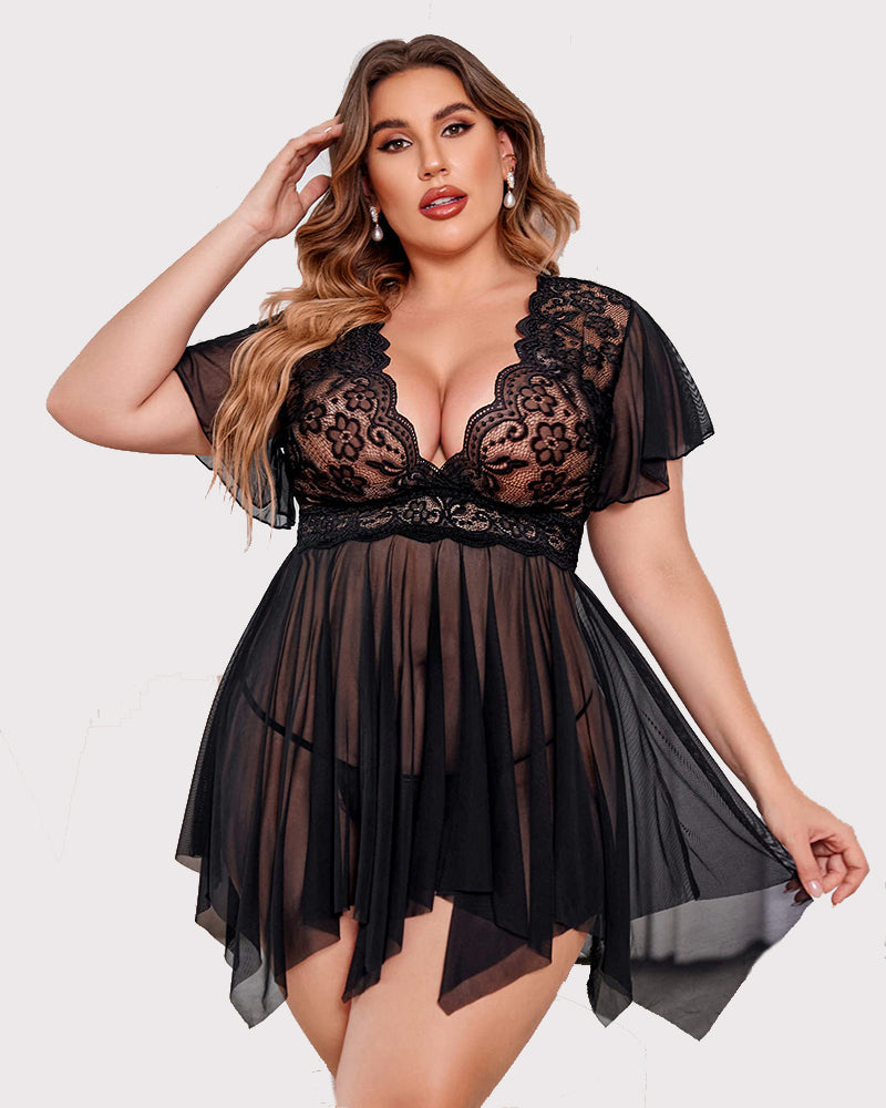 Plus Size Babydoll Floral Lace Lingeries-lovelira