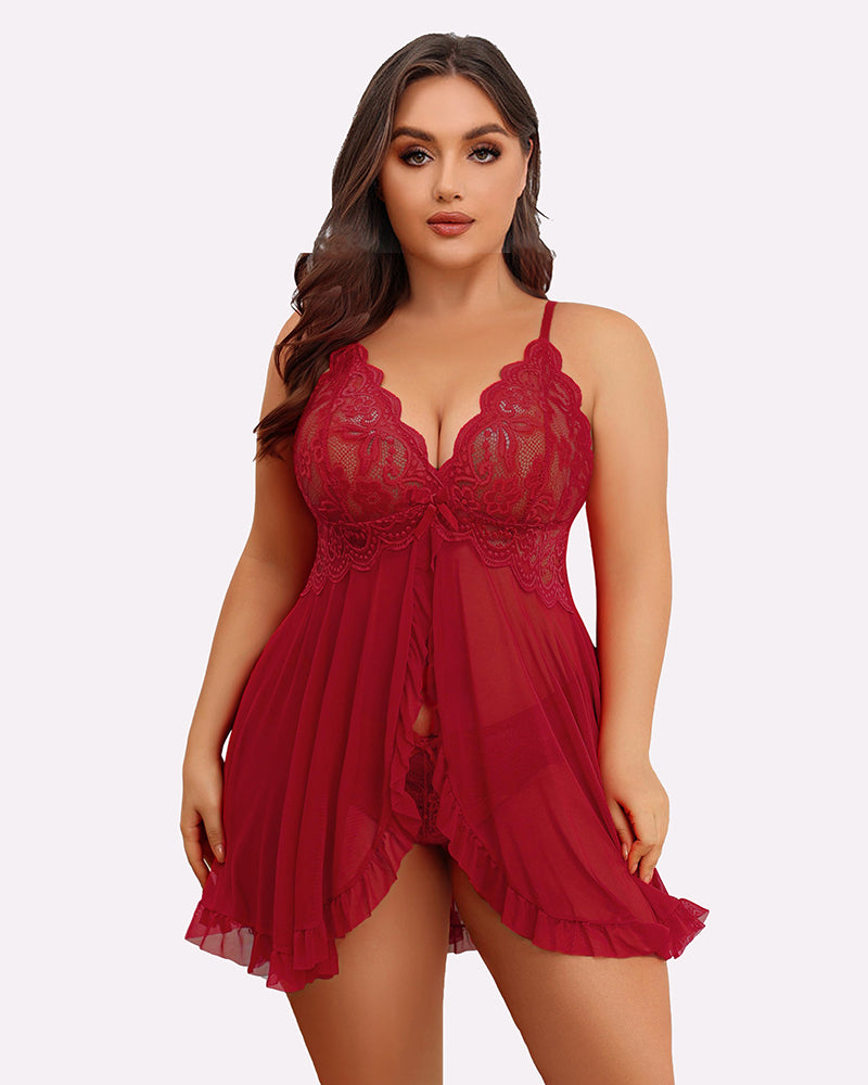 Plus Size Lace Open Front Babydoll-lovelira