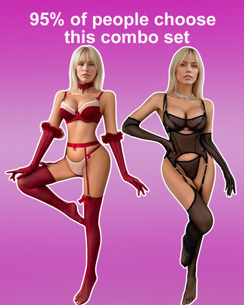 Bow Bra and Panty Set+Gloves+Stockings-lovelira